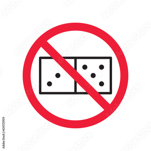 Forbidden gambling vector icon. Warning, caution, attention, restriction, label, ban, danger. No dice flat sign design pictogram symbol. No casino gamble icon