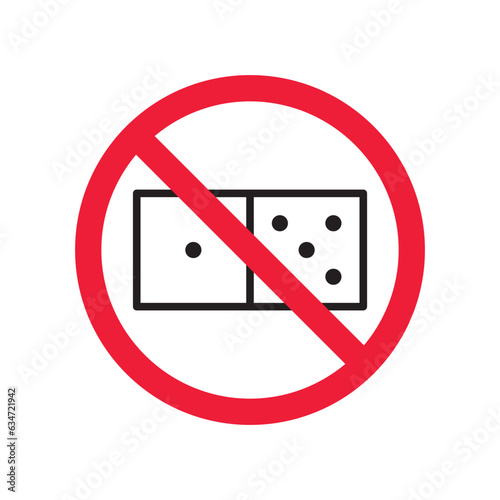 Forbidden gambling vector icon. Warning, caution, attention, restriction, label, ban, danger. No dice flat sign design pictogram symbol. No casino gamble icon