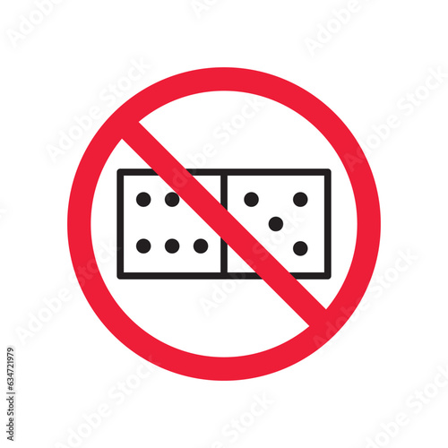 Forbidden gambling vector icon. Warning, caution, attention, restriction, label, ban, danger. No dice flat sign design pictogram symbol. No casino gamble icon