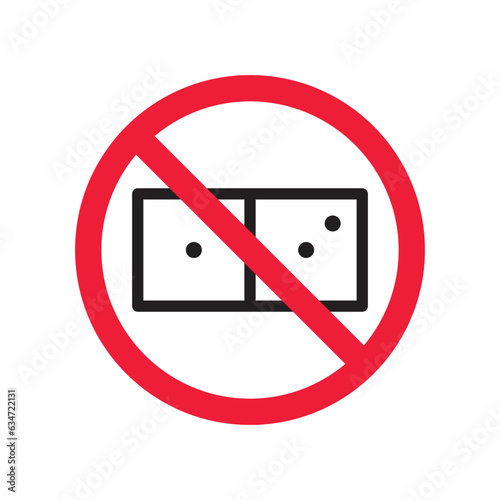 Forbidden gambling vector icon. Warning, caution, attention, restriction, label, ban, danger. No dice flat sign design pictogram symbol. No casino gamble icon