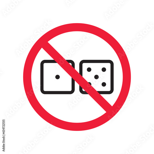 Forbidden gambling vector icon. Warning, caution, attention, restriction, label, ban, danger. No dice flat sign design pictogram symbol. No casino gamble icon