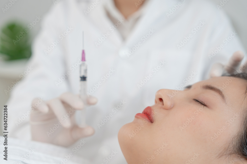 Cosmetic surgery, skin whitening injection, filler injection, Skin reface, beautiful Asian girls receive beauty treatments at beauty clinic, skincare, pore rejuvenation, wrinkle, baby face