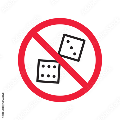 Forbidden gambling vector icon. Warning, caution, attention, restriction, label, ban, danger. No dice flat sign design pictogram symbol. No casino gamble icon