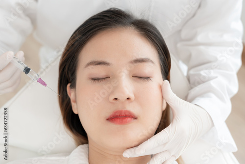Cosmetic surgery, skin whitening injection, filler injection, Skin reface, beautiful Asian girls receive beauty treatments at beauty clinic, skincare, pore rejuvenation, wrinkle, baby face.