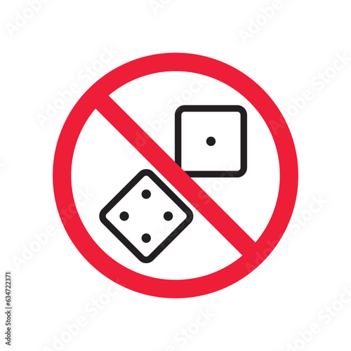 Forbidden gambling vector icon. Warning, caution, attention, restriction, label, ban, danger. No dice flat sign design pictogram symbol. No casino gamble icon