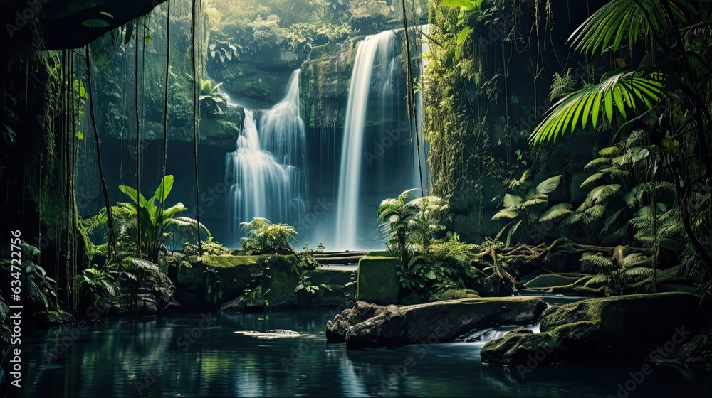 Breathtaking Tegenungan Waterfall at Bali's Majestic Eden - Tropical Jungle, Palms, and Magic in the Evening Light: Generative AI - obrazy, fototapety, plakaty 