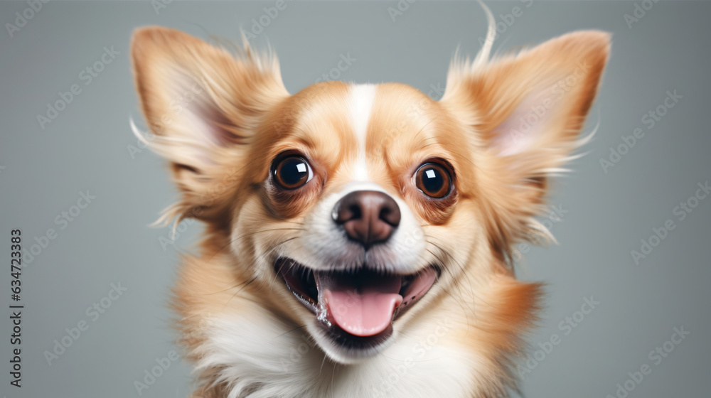 Funny dog. Adorable joyful playful dog or pet isolated on a gray background. Delightful, cheerful, zany dog headshot smiling against a gray background / backdrop with space for text.

Generative AI