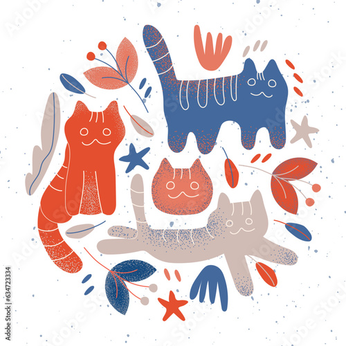 Cat set scandi style. Vintage boho minimalist Scandinavian doodle art.  Abstract hand drawn design with dotted texture. Vector illlustration.