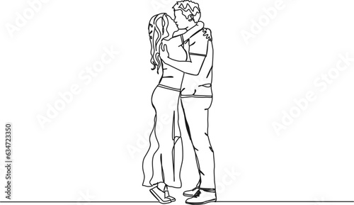 continuous single line drawing of couple hugging and kissing, line art vector illustration