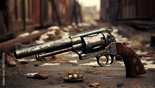 An old revolver, a weapon on the background of maps and the city