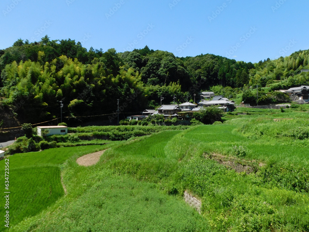 夏の田園風景 棚田と集落(大阪府茨木市大字長谷で2023年8月撮影) 夏の田園風景 棚田と集落(大阪府茨木市大字長谷で2023年8月撮影)