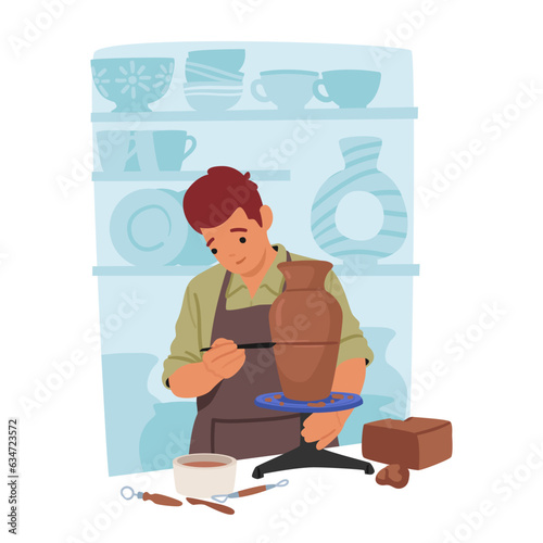 Artisan Male Character Shaping Clay Into Beautiful Pottery Using Carver And Wheel, Adding Intricate Details With Tools