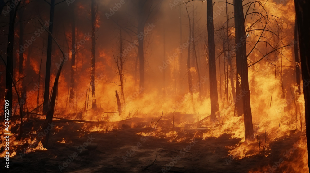Forest fire, vast expanses of pine trees are consumed during the dry period. Wildfire rages through the woods. Illustrating the notion of global catastrophes on our planet.




Generative AI