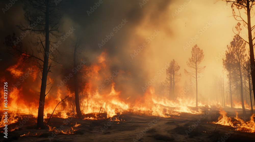 Forest fire, vast expanses of pine trees are consumed during the dry period. Wildfire rages through the woods. Illustrating the notion of global catastrophes on our planet.




Generative AI