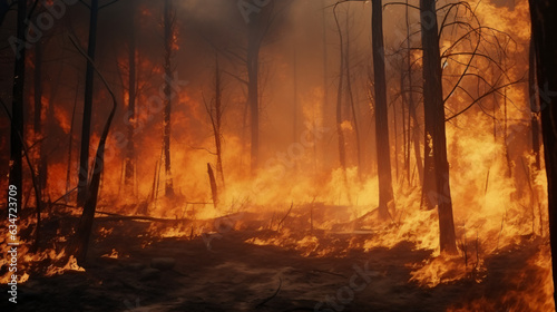 Forest fire  vast expanses of pine trees are consumed during the dry period. Wildfire rages through the woods. Illustrating the notion of global catastrophes on our planet.     Generative AI
