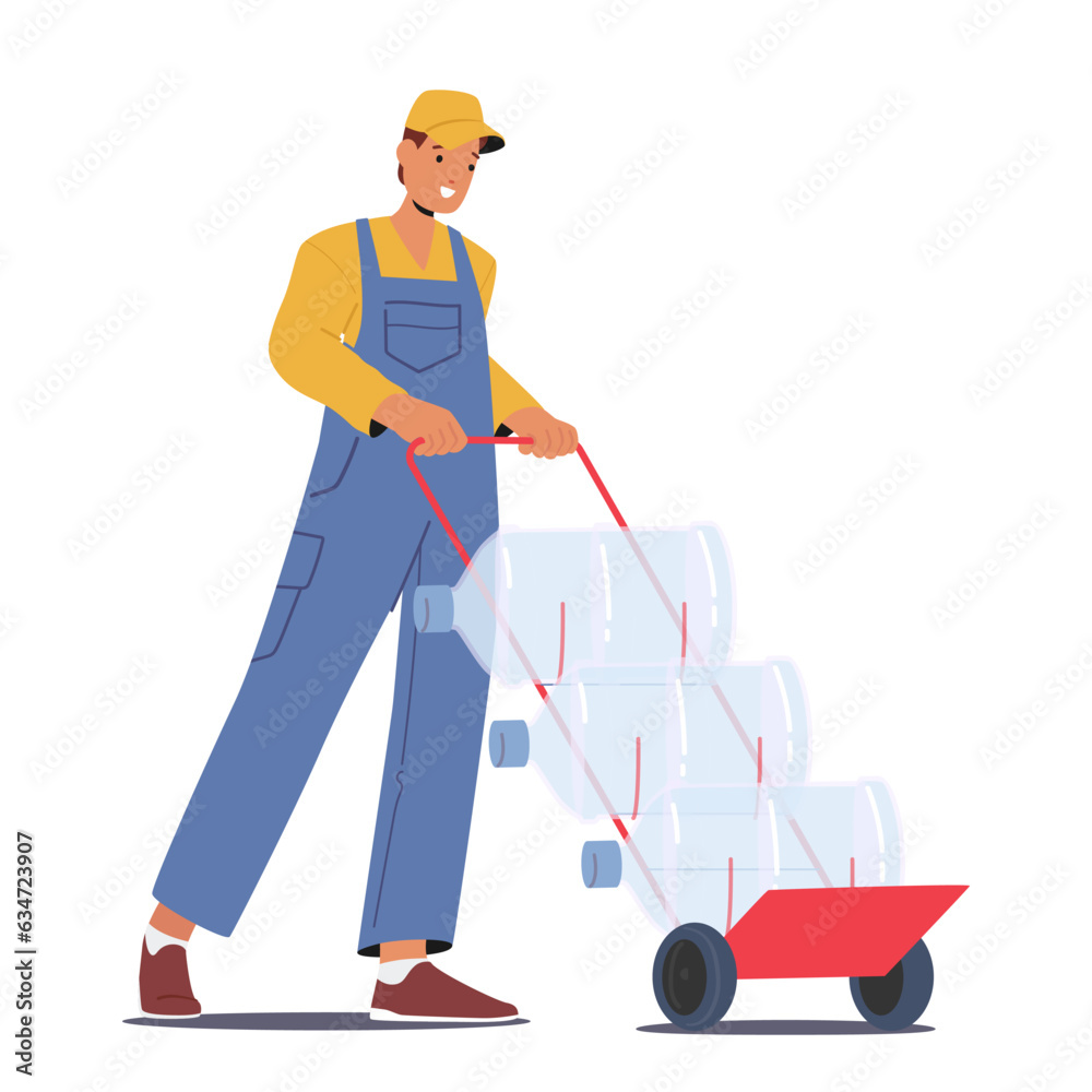 Worker Male Character Delivers Fresh Water On Manual Trolley, Safely Transporting Clean Water To Homes And Businesses Worker Male Character Delivers Fresh Water On Manual Trolley, Safely Transporting Clean Water To Homes And Businesses