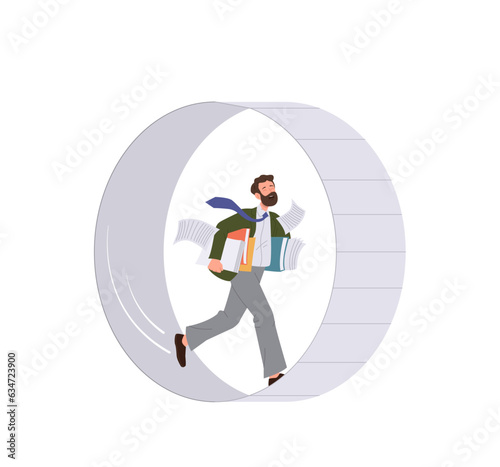 Office worker cartoon character overloaded with paperwork running fast trapped in rat race