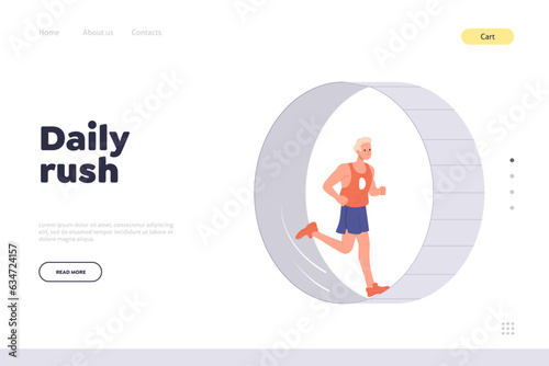 Daily rush landing page design template with sportsman male athlete running like squirrel in wheel