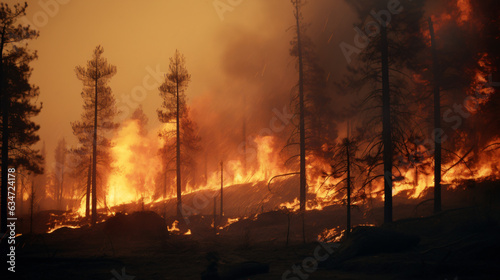 Forest fire  vast expanses of pine trees are consumed during the dry period. Wildfire rages through the woods. Illustrating the notion of global catastrophes on our planet.     Generative AI