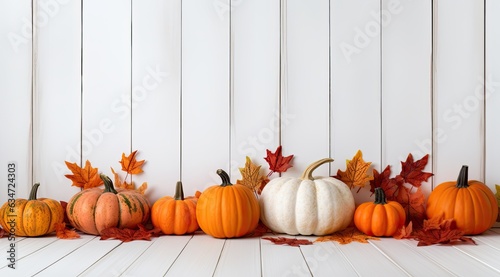 Fototapeta Naklejka Na Ścianę i Meble -  Festive autumn decor from pumpkins, berries and leaves on a white wooden background. Concept of Thanksgiving day or Halloween.