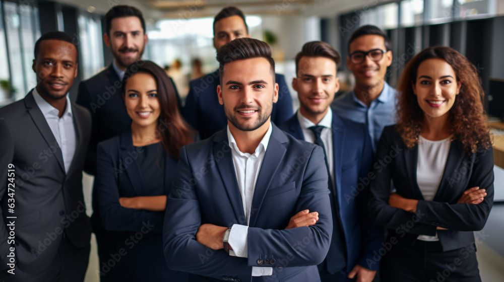 Confident individuals with colleagues during an office meeting. Portrait of a successful business team at a contemporary office, facing the camera.





Generative AI