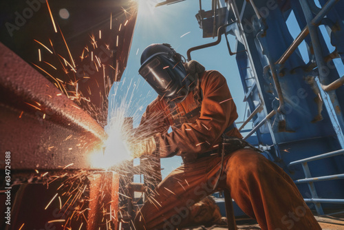 Valokuva A skilled specialized worker in welding is repairing metal structures on an offshore oil plant