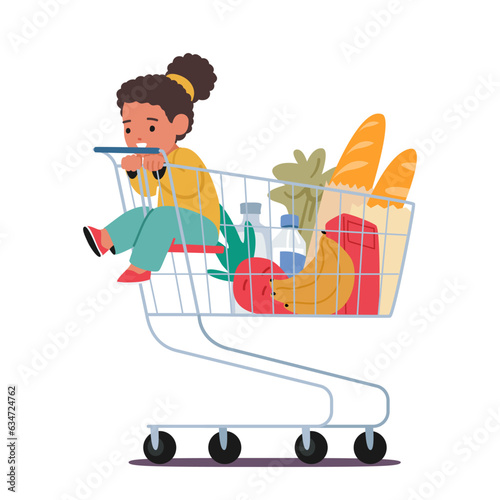 Adorable Little Girl Sitting Happily In A Supermarket Trolley, With Bright Eyes And A Big Smile, As Her Parents Shop