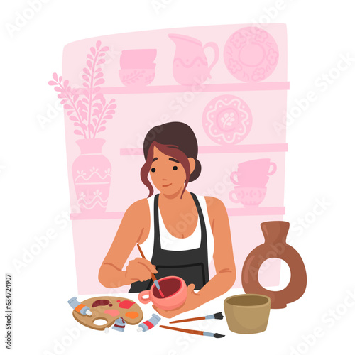 Focused Artist Female Character Skillfully Paints Intricate Designs On Handmade Pottery, Blending Creativity