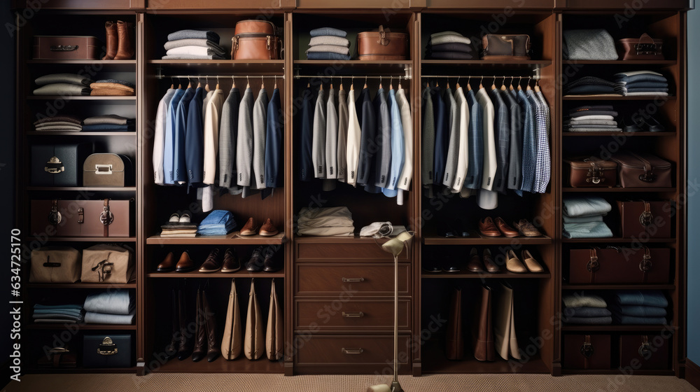 Luxury male wardrobe, showcasing an array of exclusive suits, shoes, and garments Luxury male wardrobe, showcasing an array of exclusive suits, shoes, and garments