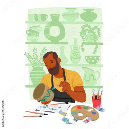 Focused Artist Male Character Molding Intricate Design On Handmade Pottery With Steady Brush Strokes And Vibrant Colors