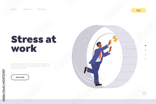 Stress at work landing page design template with tired businessman running for financial income