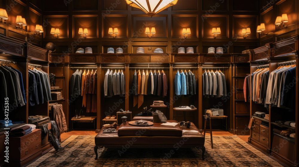 Luxury male wardrobe, showcasing an array of exclusive suits, shoes, and garments Luxury male wardrobe, showcasing an array of exclusive suits, shoes, and garments