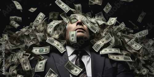 Blinded by money and wealth. A businessman laying on a pile of money. Buried in money. Corporate excess, financial collapse, destruction and greed. Relaxing peacefully during a financial crisis. 

