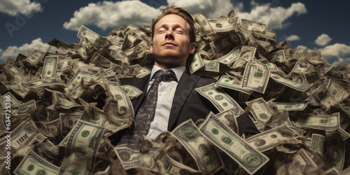 A rich businessman laying on a bed of money. Buried in money. Corporate excess, financial collapse, destruction and greed. Sleeping peacefully during a financial crisis. Wealth inequality.