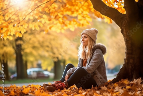 happy woman sitting by a autumn tree  with orange leaves