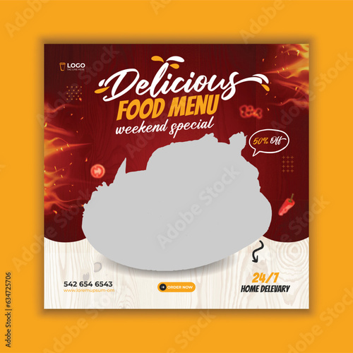 Fast food restaurant banner marketing social media post or web template design with an abstract background, online sale promotion flyer or poster.
