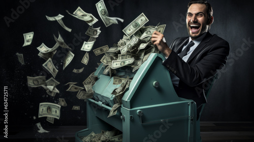 A businessman excitedly and happily printing money, or shredding money. Corporate excess and greed. Illegal methods. Legal grey area. Shareholders and financial collapse and destruction of wealth.