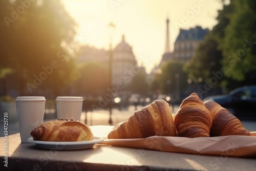 france paris food french table bar breakfast drink croissant cup. Generative AI.