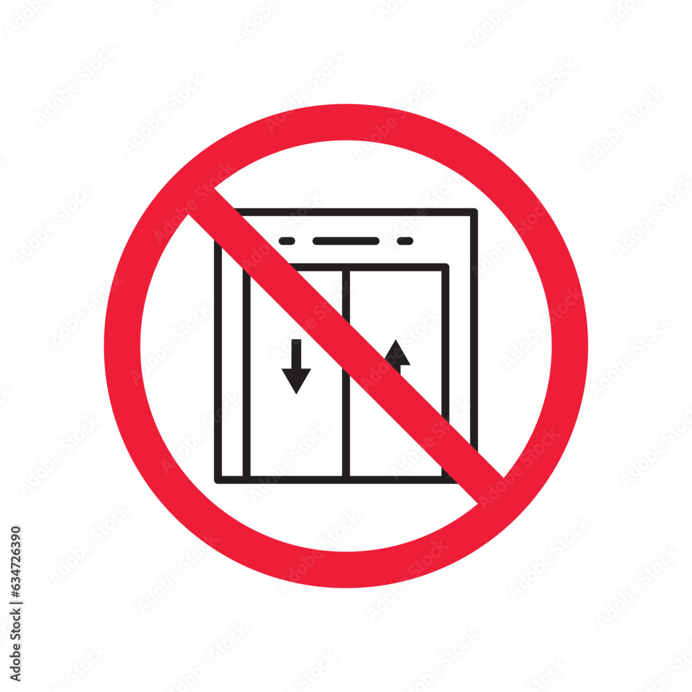 Forbidden elevator vector icon. Warning, caution, attention, restriction, label, ban, danger. No lift elevator flat sign design pictogram symbol. No elevator icon Forbidden elevator vector icon. Warning, caution, attention, restriction, label, ban, danger. No lift elevator flat sign design pictogram symbol. No elevator icon