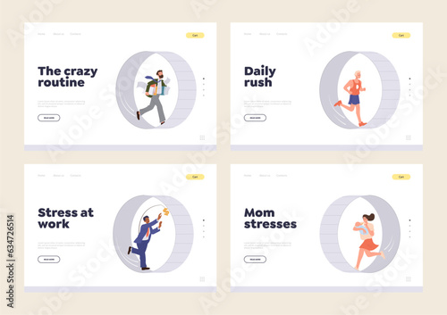 Crazy work routine, daily rush, mom and employee stress concept for landing page design template