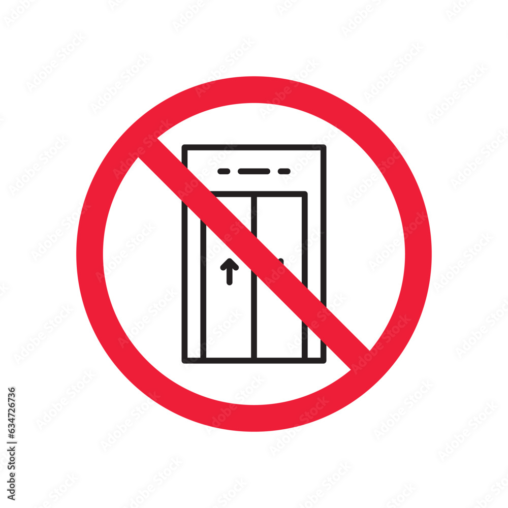 Forbidden elevator vector icon. Warning, caution, attention, restriction, label, ban, danger. No lift elevator flat sign design pictogram symbol. No elevator icon Forbidden elevator vector icon. Warning, caution, attention, restriction, label, ban, danger. No lift elevator flat sign design pictogram symbol. No elevator icon
