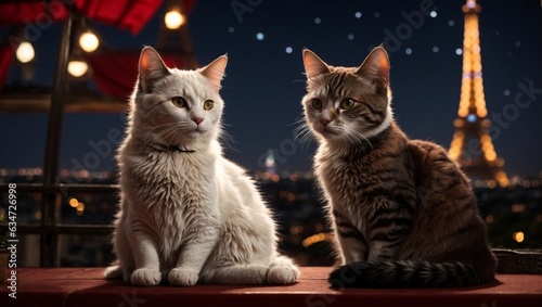 Canvas Print Two cats sitting on a ledge in front of the Eiffel Tower