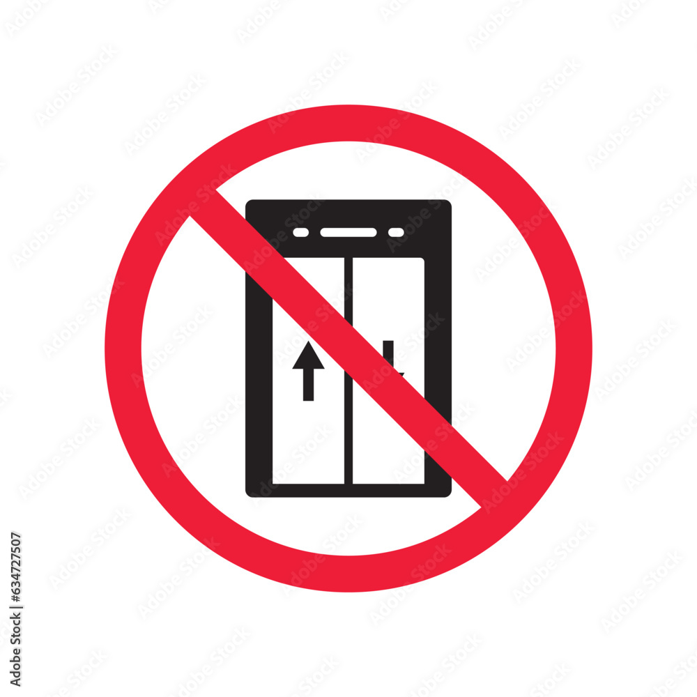 Forbidden elevator vector icon. Warning, caution, attention, restriction, label, ban, danger. No lift elevator flat sign design pictogram symbol. No elevator icon Forbidden elevator vector icon. Warning, caution, attention, restriction, label, ban, danger. No lift elevator flat sign design pictogram symbol. No elevator icon