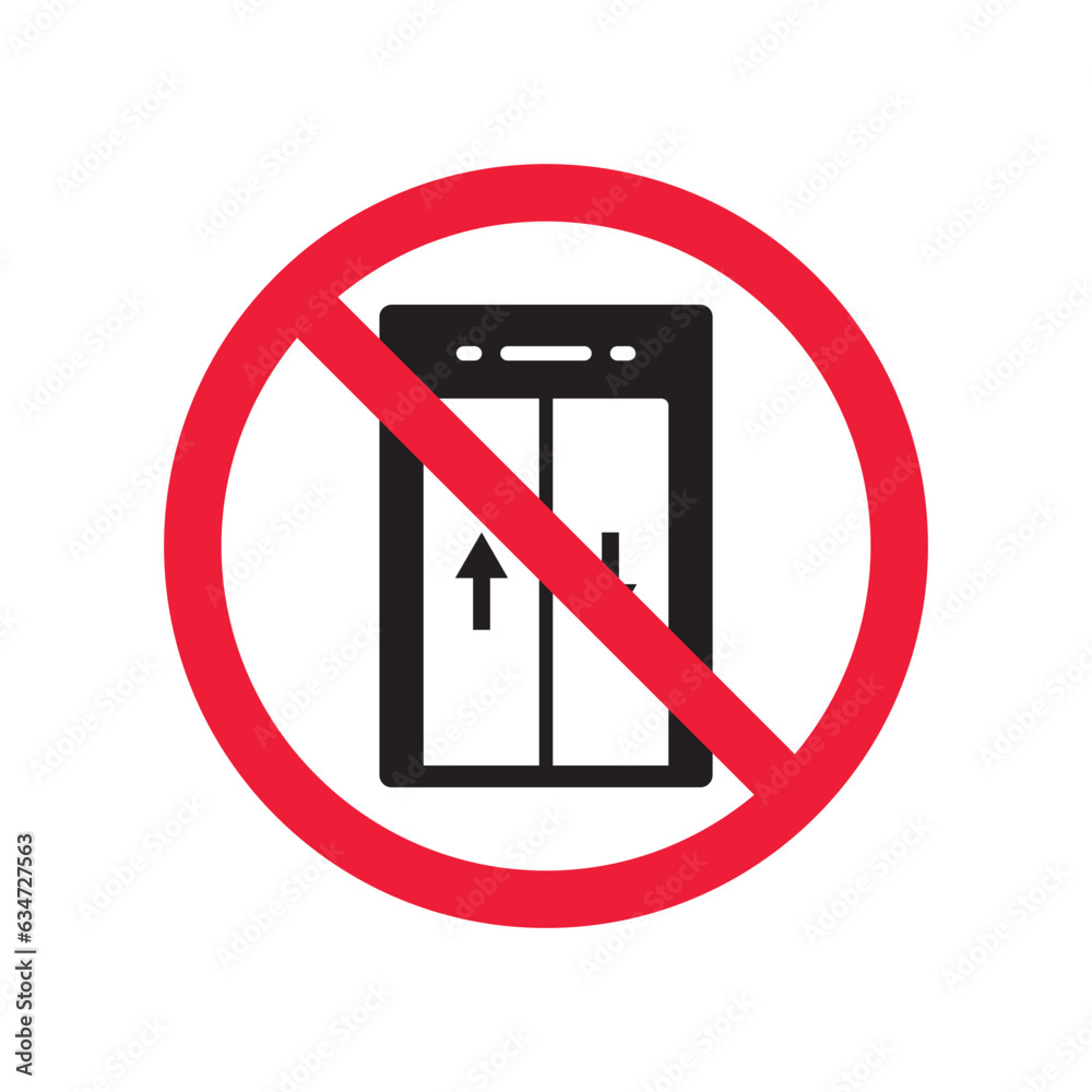 Forbidden elevator vector icon. Warning, caution, attention, restriction, label, ban, danger. No lift elevator flat sign design pictogram symbol. No elevator icon