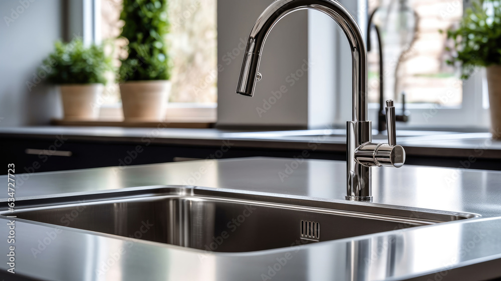 A modern stainless steel kitchen sink with a tap A modern stainless steel kitchen sink with a tap