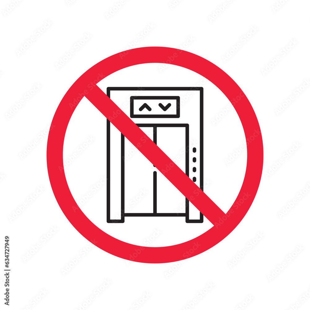 Forbidden elevator vector icon. Warning, caution, attention, restriction, label, ban, danger. No lift elevator flat sign design pictogram symbol. No elevator icon Forbidden elevator vector icon. Warning, caution, attention, restriction, label, ban, danger. No lift elevator flat sign design pictogram symbol. No elevator icon