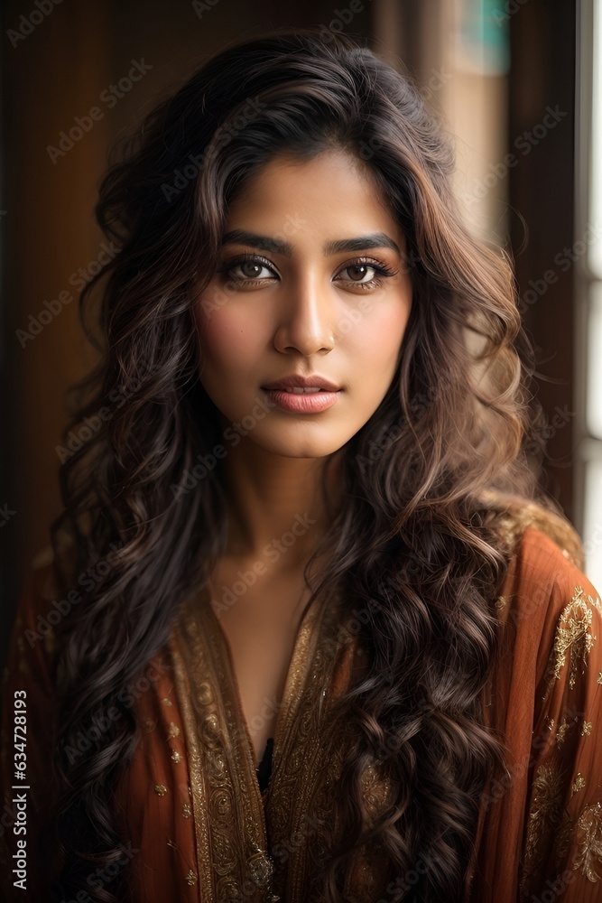 Fototapeta premium A woman with long dark hair in a brown dress