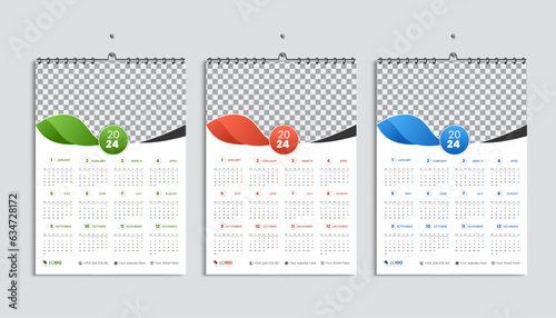 Wall calendar 2024 design template, week starting from Monday. Clean, elegant template schedule planner, abstract gradient color luxury concept, perfect use in home school college and office