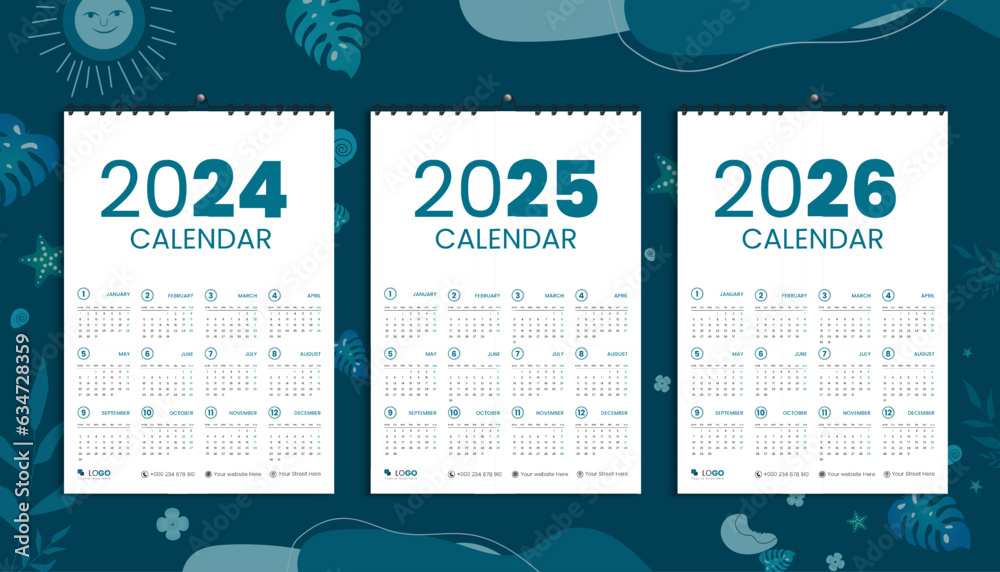 Wall Calendar 2024, 2025, and 2026 Design Template Bundle, Weeks