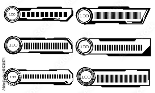 Set of HUD modern loading progress bars user interface elements design technology cyber black on white futuristic vector